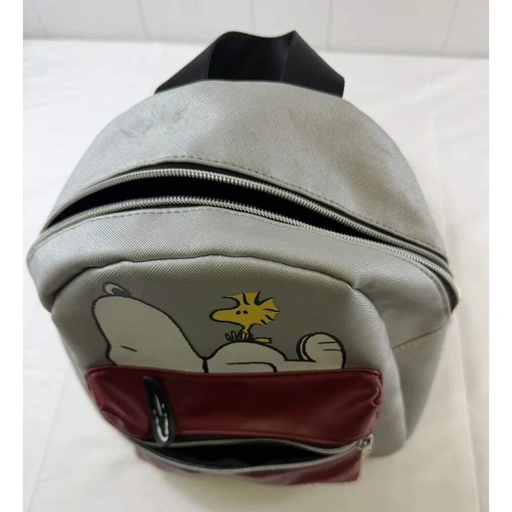 Peanuts Snoopy & Woodstock Silver Mini Backpack Red Doghouse Pocket Tote Bag